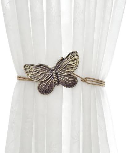 Magnetic Curtain Tiebacks, Resin Decorative Butterfly Window Treatment Farmhouse for Drapes, Midcentury Vintage Style Tie Backs for Curtains, Pack-2, Bronze (Antique Brass)