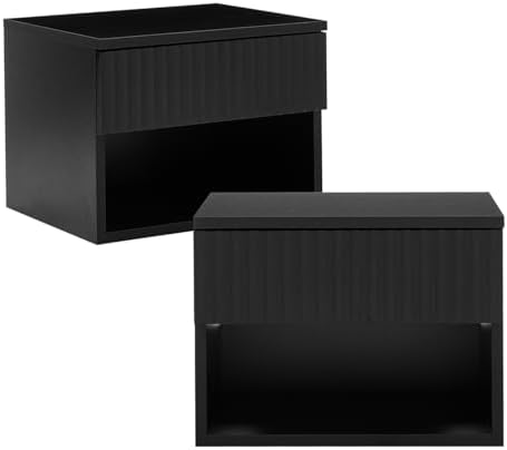 Floating Nightstand Set of 2, Wall Mounted Cabinet with Storage Drawer, Bedroom Bedside Table with LED Light, Modern Night Stand for Dorm Hallway Entryway, Black