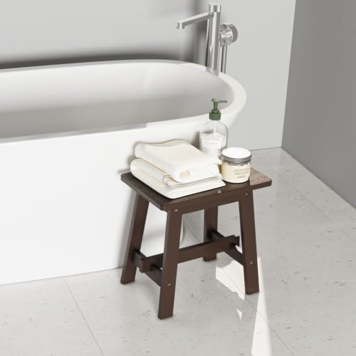 BEEFURNI 18-Inch Rectangular Acacia Wood Stool, Small Bench, Natural Wood (Wood Brown, Rectangular Wooden Stool)