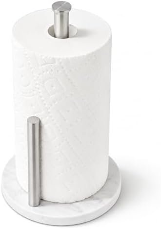Brushed Nickel Paper Towel Holder for Kitchen Countertop, 304 Stainless Steel Roll Dispenser with White Engineered Marble Weighted Base, Freestanding Paper Towel Stand for Standard Rolls