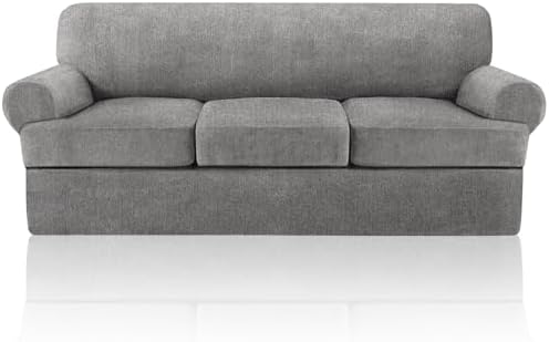 4 Piece T Cushion Sofa Slipcovers Stretch Couch Slip Cover for 3 Cushion Couch Sofa, Machine Washable for Living Room (Light Gray, 3 Cushions)
