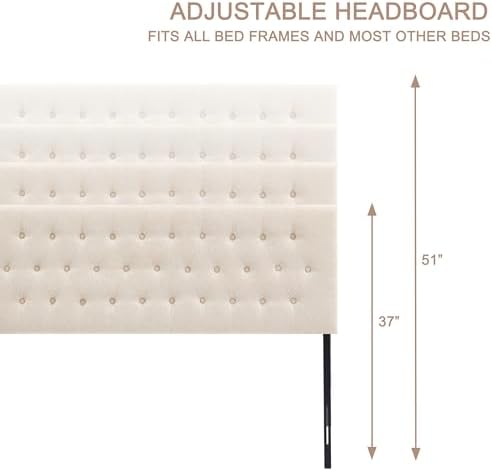 Tufted Upholstered Headboard King Size, Adjustable Height 37- 51 in, Beige