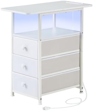 DALEMHOME Narrow End Table with Charging Station, Narrow Side Table with 3 Fabric Drawers, Slim Nightstand with LED Light, Small Table with Storage, Living Room, Bedroom, White HKET1303WT