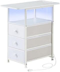 DALEMHOME Narrow End Table with Charging Station, Narrow Side Table with 3 Fabric Drawers, Slim Nightstand with LED Light, Small Table with Storage, Living Room, Bedroom, White HKET1303WT