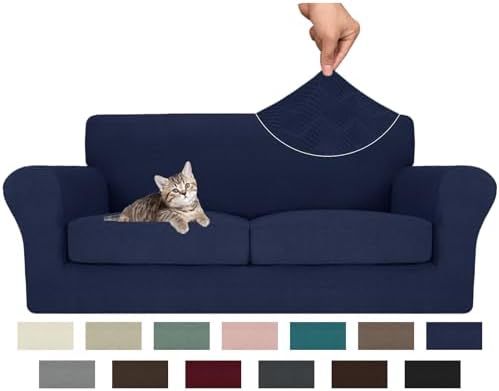 MAXIJIN 3 Piece Couch Covers for 2 Cushion Couch Sofa Cover, Stretch Loveseat Sofa Slipcovers for Sofas with 2 Large Cushions, Thick Dogs Pet Furniture Covers (71"-91", Navy Blue)