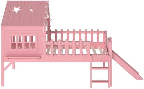 Bellemave Twin Loft Bed with Slide and Ladders, Solid Wood Low Loft Bed with Tray, Lights, Playhouse Roof, House Loftbed Frame for Kids, Boys, Girls, Childlike and No Box Spring Needed Design, Pink