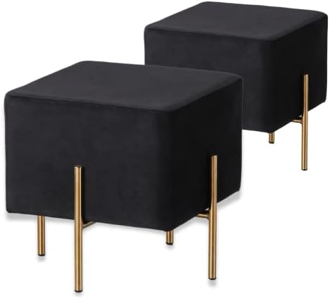 Kirpi Black Velvet Foot Stool Set of 2, Modern Luxury Vanity Ottoman Stools with Gold Legs, Cube Accent Foot Rest for Living Room Bedroom Makeup Vanity (Black)