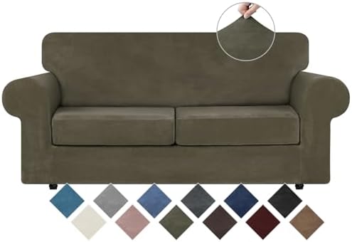 WEERRW Velvet Stretch 3 Pieces Couch Cover for Sofa Washable, Light Brown
