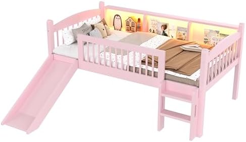 Bellemave Twin XL Loft Bed with Slide and Ladders, Solid Wood Low Loft Bed with Storage Shelves and LED Lights, Loftbed Frame for Kids, Boys, Girls, Childlike and No Box Spring Needed Design, Pink