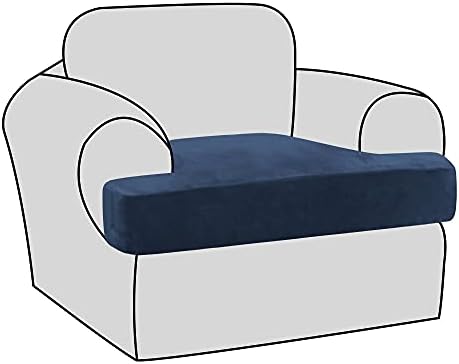 H.VERSAILTEX Stretch Velvet T Cushion Chair Covers for Living Room Armchair Sofa Cover Couch Cover Slipcover T Cushion Seat Cover Stay with Elastic Bands(Armchair, Navy)