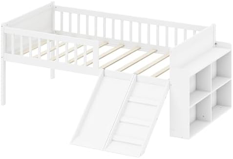 SOFTSEA Twin Size Low Loft Bed with Slide and Guardrails, Wood Loft Bed Frame with Storage Shelves for Kids, White