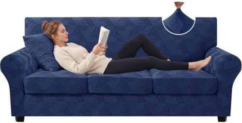 ZNSAYOTX 4 Piece Stretch Couch Covers (72"-90") New-Rectangle Texture, Thick Sofa Covers for 3 Cushion Couch Universal Sofa Slip Cover with Elastic Bottom & Buckle, Washable Protector Navy Blue
