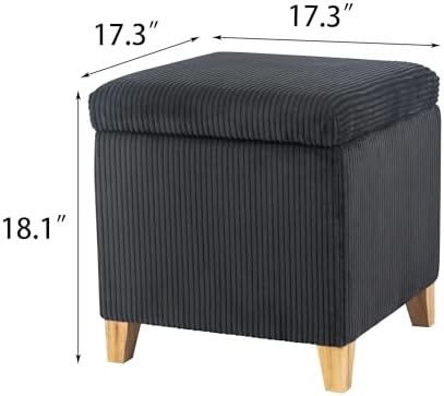 Adeco Faux Fur Storage Ottoman Cube, 18" High Fluffy Grey Foot Stool with Hinged Lid, Upholstered Small Bench for Living Room Bedroom, Solid Wood Legs
