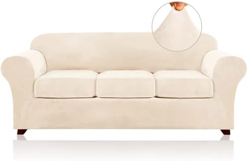 PrinceDeco Velvet Couch Covers for Sofa Soft 4 Pieces Couch Covers for 3 Cushion Couch Sofa Pet Friendly Furniture Protector with Non Slip Elastic Bottom Width Up to 90 Inch (Large, Cream)