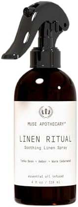 Muse Apothecary Linen Ritual - Aromatic, Soothing, and Relaxing Linen Mist, Laundry and Fabric Spray - Infused with Aromatherapy Essential Oils - 4 oz, Tonka Bean + Amber + Warm Cedarwood
