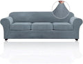PrinceDeco Velvet Couch Covers for Sofa Soft 4 Pieces Covers for 3 Cushion Couch Sofa Pet Friendly Furniture Protector with Non Slip Elastic Bottom Width Up to 97 Inch (Large Sofas, Stone Blue)