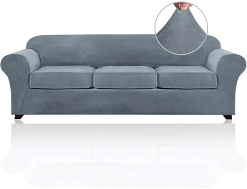 PrinceDeco Velvet Couch Covers for Sofa Soft 4 Pieces Covers for 3 Cushion Couch Sofa Pet Friendly Furniture Protector with Non Slip Elastic Bottom Width Up to 97 Inch (Large Sofas, Stone Blue)