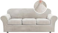 H.VERSAILTEX Modern Velvet Plush 4 Piece High Stretch Sofa Slipcover Sofa Cover Furniture Protector Form Fit Luxury Thick Velvet Sofa Cover for 3 Cushion Couch Width Up to 90 Inch (Sofa, Oatmeal)