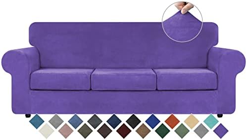 WEERRW 4 Pieces Couch Cover for Sofa Velvet Sofa Covers Washable, Purple