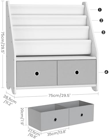 CHOEZON Kids Bookshelf and Toy Storage, 4 Tier Large Capacity Kids Book Rack, Sling Kid Bookcase, for Kids Room, Nursery, Playroom, White and Gray MCW06WT