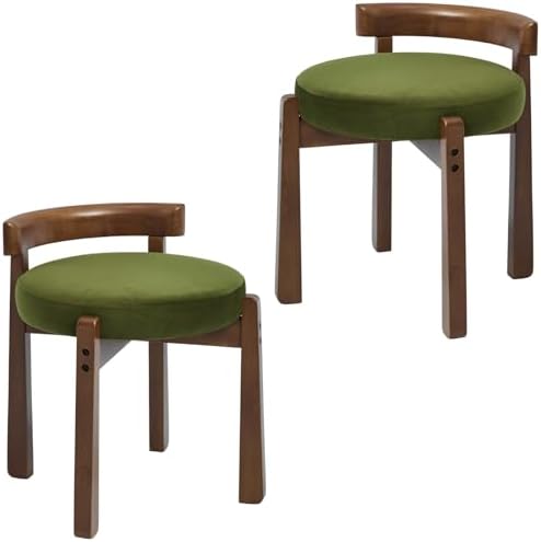 Ya-Home Modern Vanity Chair Upholstered Small Ottoman Footstool, Make Up Stool Velvet Fabric with Backrest Wooden Frame for Living Room Bedrooms, 2PCS, Green