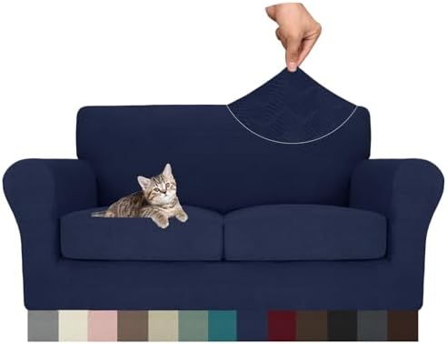 MAXIJIN 3 Piece Couch Covers for 2 Cushion Couch loveseat Cover, Stretch Love Seat Sofa Slipcovers for Dogs Pet, Thick Furniture Protector with 2 Seat Cushion (55"-69", Navy Blue)