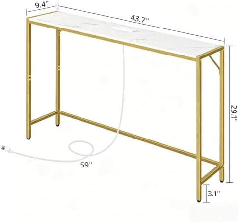MAHANCRIS Console Table, Narrow Sofa Table, 43.7” Entrance Table with Power Station, Behind Couch Table, Simple Style, for Living Room, Hallway, Entryway, Foyer, Marble and Gold CTJM112E01