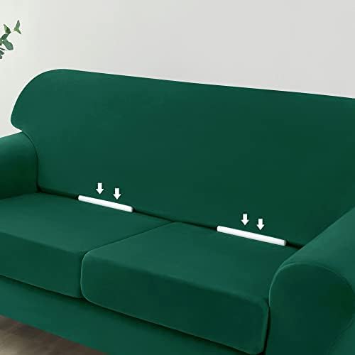 OBCREAT 4 Pieces Sofa Slipcover Stretch Velvet Sofa Covers for 3 Cushion Couch Soft Couch Cover with Elastic Bottom Non Slip Furniture Protector for Pets Kids (Green, Large)