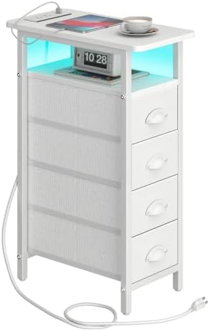 sthmec Side Table with Charging Station, Narrow End Table with 4 Drawers, LED Nightstands with Fabric Drawers,Slim Sofa Couch Side Tables for Small Spaces,Living Room,Bedroom, White