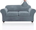 PrinceDeco Velvet Couch Cover Loveseat Covers for 2 Cushion Couch 3 Piece Sofa Covers for Dogs Washable Loveseat Covers Width Up to 72 Inch No Slip Stretch Sofa Slipcover(Medium, Stone Blue)