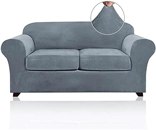 PrinceDeco Velvet Couch Cover Loveseat Covers for 2 Cushion Couch 3 Piece Sofa Covers for Dogs Washable Loveseat Covers Width Up to 72 Inch No Slip Stretch Sofa Slipcover(Medium, Stone Blue)
