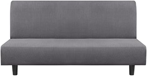 Flamingo P Stretch Armless Futon Covers Full Queen Futon Couch Covers Slipcover Futon Sofa Cover Futon Bed Cover Furniture Protector Covers with Elastic Bottom, Checked Pattern Jacquard, Charcoal Gray