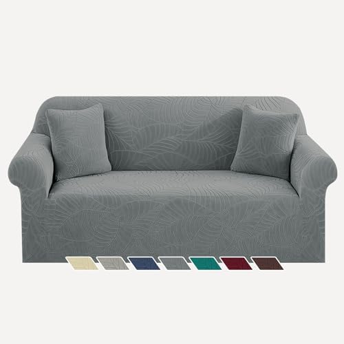 YEMYHOM Couch Cover Latest Jacquard Design High Stretch Sofa Covers for 2 Cushion Couch, Pet Dog Cat Proof Loveseat Slipcover Non Slip Elastic Furniture Protector (Medium, Begonia Leaf Dark Grey)
