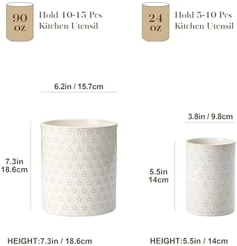 MALACASA LYDIA Ceramic Utensil Holder, 7.3"+5.5" Kitchen Utensil Crock Set for Countertop, Large & Small Utensil Organizers for Cooking Tools, Five-Leaf Grass Pattern