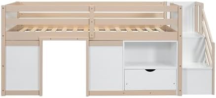 Bellemave Twin Size Low loft Bed for Kids,Wood Loft Beds,Modern Farmhouse Twin loft Bed,Loft Bed with Desk and Storage, No Box Spring Needed,for Kids, Cream White and Natural