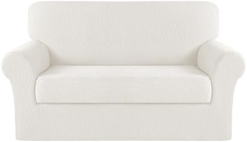 Turquoize Stretch Sofa Slipcover 2 Pieces Sofa Cover Couch Cover for 2 Cushion Couch Washable Furniture Protector Covers with Elastic Bottom Feature Thick Jacquard Fabric (Loveseat, Porcelain White)