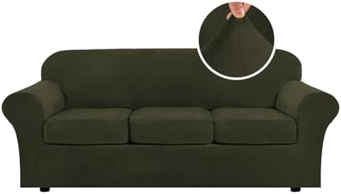 H.VERSAILTEX Modern Velvet Plush 4 Piece High Stretch Sofa Slipcover Sofa Cover Furniture Protector Form Fit Thick Velvet Sofa Cover for 3 Cushion Couch Width Up to 90 Inch (Sofa, Olive)