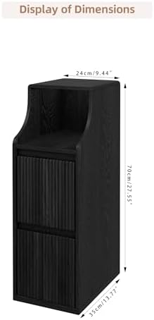 Black Fluted Small Nightstand Set of 2, Mid Century Modern Bedside Table with 2 Drawers, Wooden Skinny Vintage Side Table, Narrow Night Stand, Slim End Table, for Bedroom, Living Room