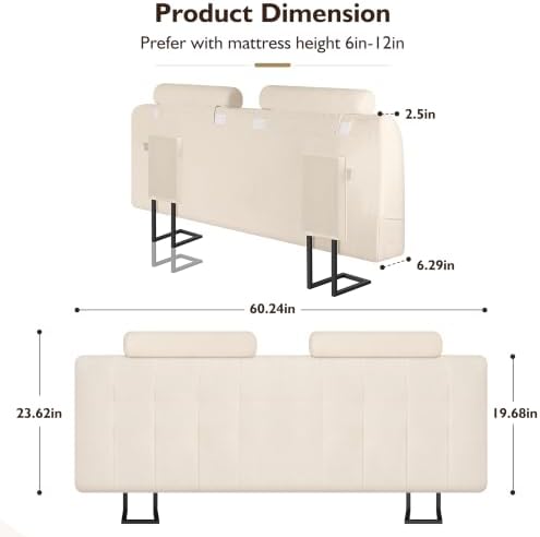 Queen Headboard with 2 Headrests, Memory Foam Upholstered Headboard