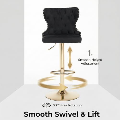 Set of 2 Adjustable Swivel Bar Stools, Velvet Upholstered Counter Height Chairs with Nailhead Trim, Gold Footrest, and High Back for Kitchen Island, Home Bar, Dining Room, Cafe,Black
