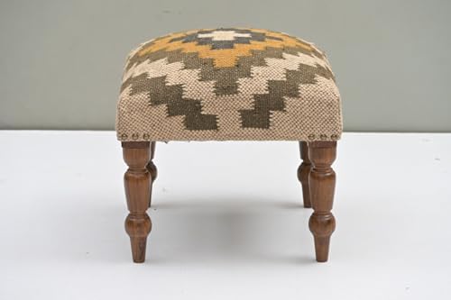 Handmade Jute Upholstered Ottoman Stool | Square Foot Rest with Wooden Legs | Decorative Accent Seating for Bedroom, Living Room, Entryway, Vanity & Hallway (Beige-Pista Green)