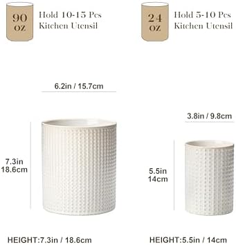 MALACASA LYDIA Ceramic Utensil Holder, 7.3"+5.5" Kitchen Utensil Crock Set for Countertop, Large & Small Utensil Organizers for Cooking Tools, Rhombus Pattern