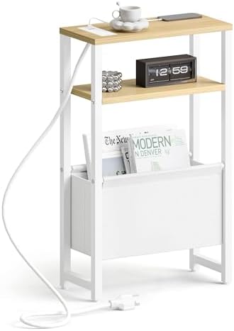 Narrow Side Table with Charging Station Slim End Table Sofa with Magazine Rack, Bedside Table for Small Spaces, 3 Tier Nightstand for Living Room Couch, Bedroom Natural LET503YE