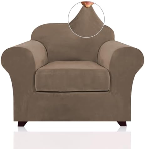 PrinceDeco Velvet Plush Couch Cover Stretch 2 Piece Chair Cover Chair Slipcover Washable Furniture Protector Couch Soft with Elastic Bottom Armchair Cover Width Up to 49 Inch(Small, Mocha)