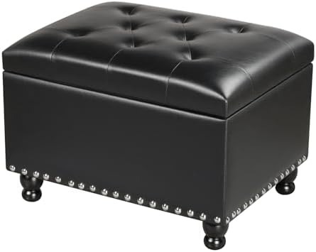 Adeco Storage Ottoman Bench, 23-Inch Upholstered Faux Leather Footrest Stool with Safety Hinge for Entryway & Bedroom, Rectangular Accent Furniture, Holds 350 lbs, Black