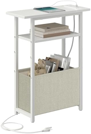 sthmec Narrow Side Table with Charging Station, Small End Table for Small Spaces, Skinny Nightstands with Storage Basket, 3 Tier Sofa Couch Bedside Tables for Living Room,Bedroom, White