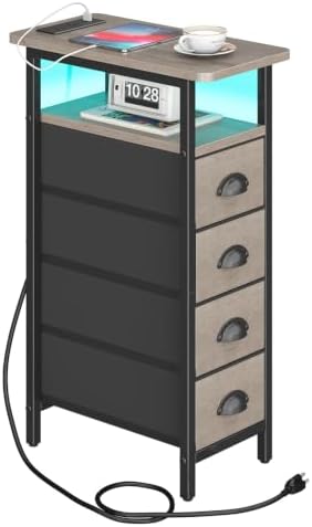 sthmec Side Table with Charging Station, Narrow End Table with 4 Drawers, LED Nightstands with Fabric Drawers,Slim Sofa Couch Side Tables for Small Spaces,Living Room,Bedroom, Grey