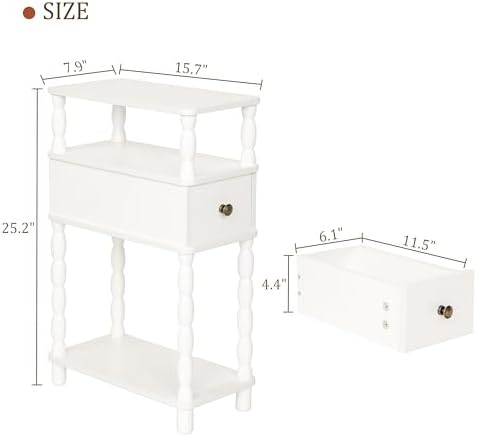 MaxSmeo White Narrow End Table, Small Side Table Living Room, Skinny Bedside Table Nightstand with Drawer for Small Spaces, Bedroom (White)