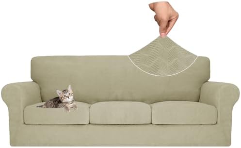 MAXIJIN 4 Piece Couch Covers for 3 Cushion Couch Sofa Covers, Stretch Couch Slipcovers for Sofas with 3 Cushions, Thick 3 Seat Furniture Protector for Dogs Pet (71"-91", Khaki)