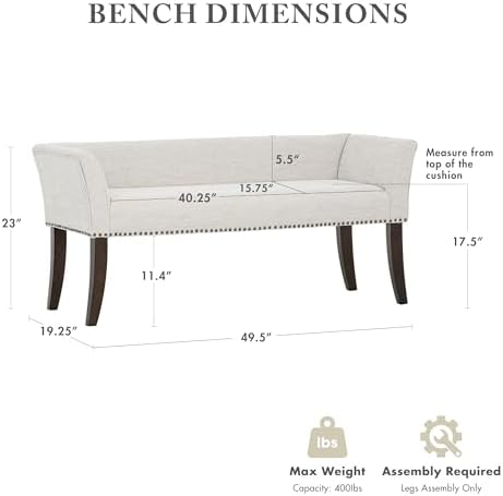 Madison Park Accent Bench for Living Room, Upholstered with Nailhead Trim, & Padded Seat Entryway Bench Small, End of Bed Bench with Back, 49.5" W x 19.25" D x 23" H, White Cream
